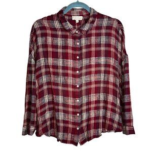 Lucky Brand Womens Red Plaid Button Up Shirt SZ Large Lightweight Cotton Blend